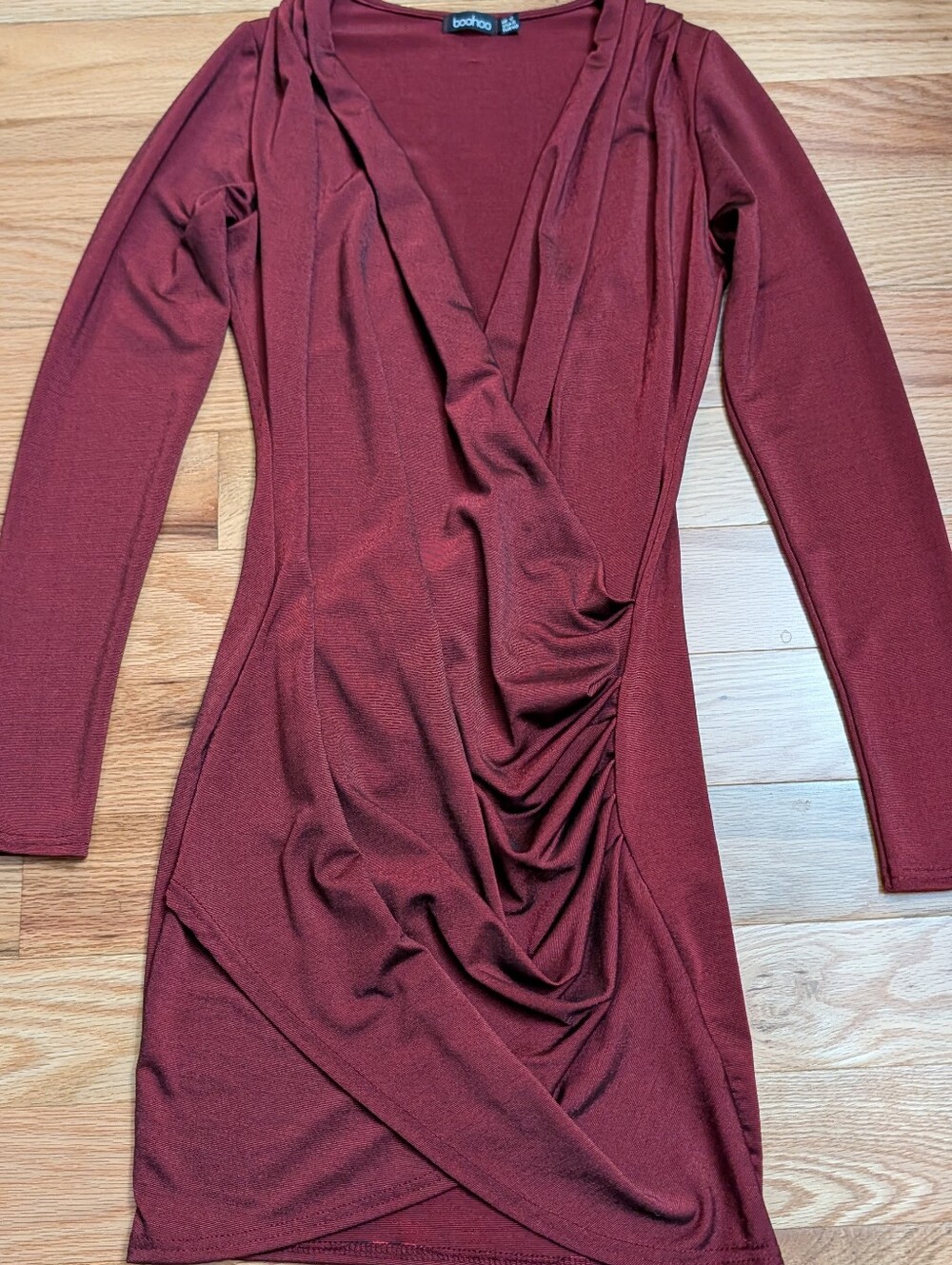 Boohoo Burgundy Ruched Wrap Bodycon Mini Dress Long Sleeve US 8 Stretch